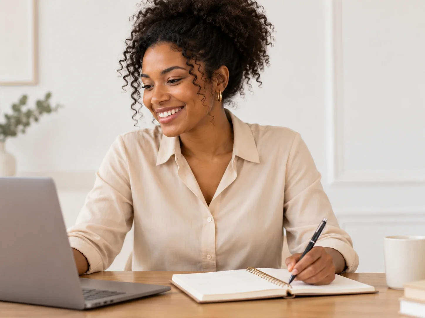 Líder sorrindo enquanto conversa com a Mentora no notebook
